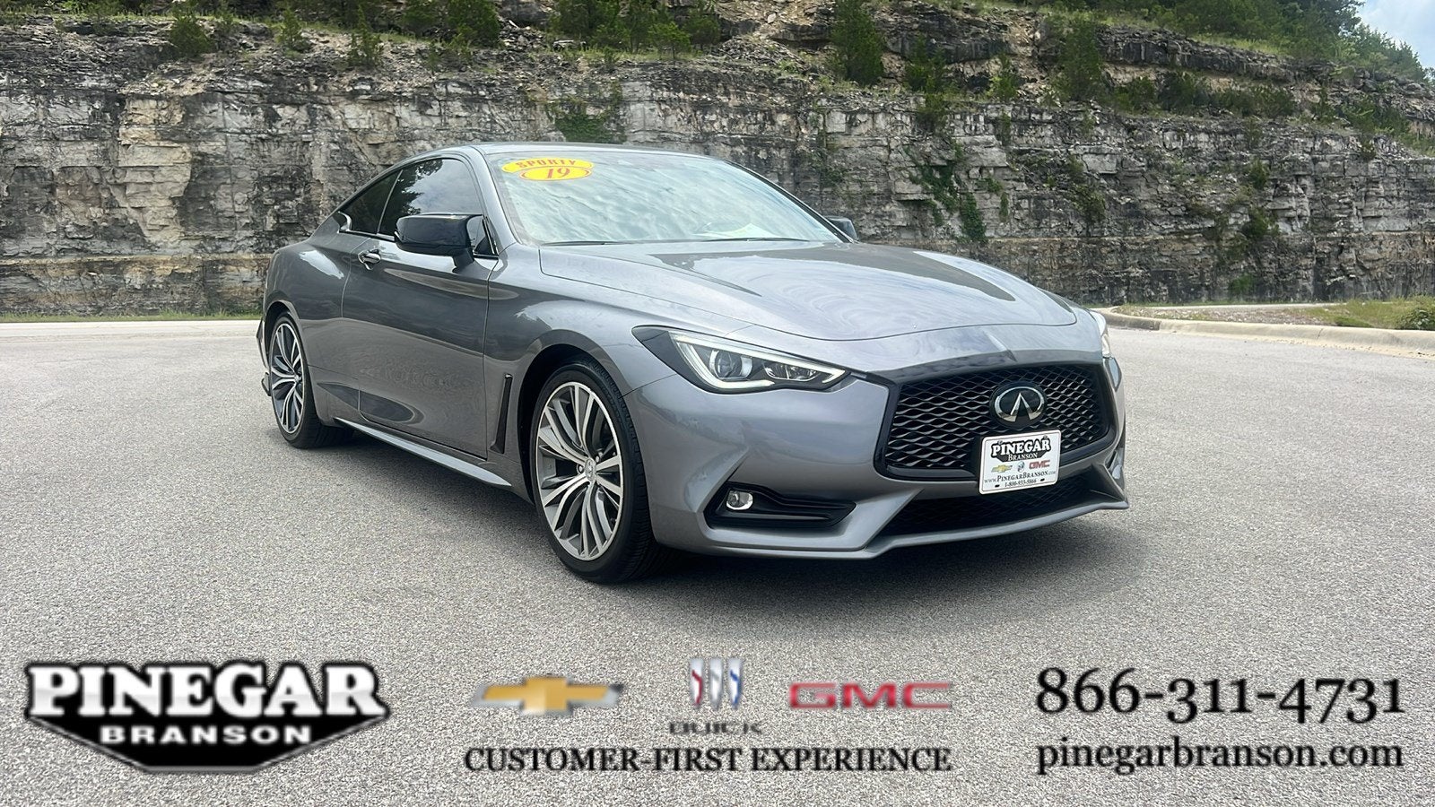 2019 INFINITI Q60 3.0t LUXE in Gray — front three-quarter view